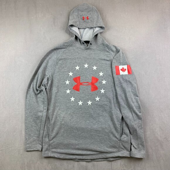 Under Armour Mens Sweater Medium Gray Hoodie Long Sleeve Canada Flag Big Logo - Picture 1 of 9
